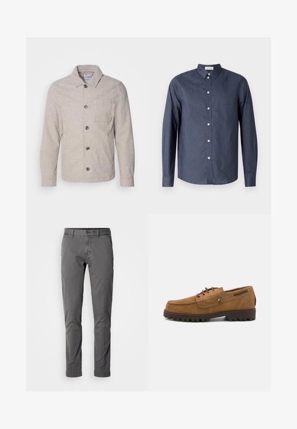 Lindbergh Suvejakk - dark sand melange; Tumesinine pika varrukaga nööpidega särk, mis on valmistatud siledast kangast; roovib klassikaline krae, valged nööbid ja kumer hemline.; Kitsas istuvusega hallid puuvillased püksid, millel on nup closure, küljetaskud ja sile tekstuur. Omab klassikalist disaini ja kohandatud siluetti.; Pruunid seemissneakerid ümarate varvastega, kontrastsete niidiaktsentidega ning tekstureeritud kummitaldadega, millel on sügavad mustrid haakumise jaoks.
