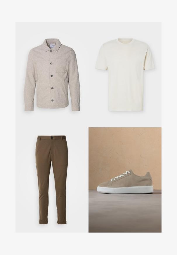 Lindbergh Let jakke / Sommerjakker - dark sand melange; Simpel, off-white T-shirt med korte ærmer og rund hals, med diskret logo på venstre bryst, vist mod en hvid flad baggrund.; Brune skræddersyede bukser med en glat tekstur, der har en knaplukning og rullede manchetter. Designet med en slim fit og funktionelle lommer.; Beige ruskindsneaker med hvide snørebånd og tyk hvid sål svæver over et beige tæppe foran en beige sofa.