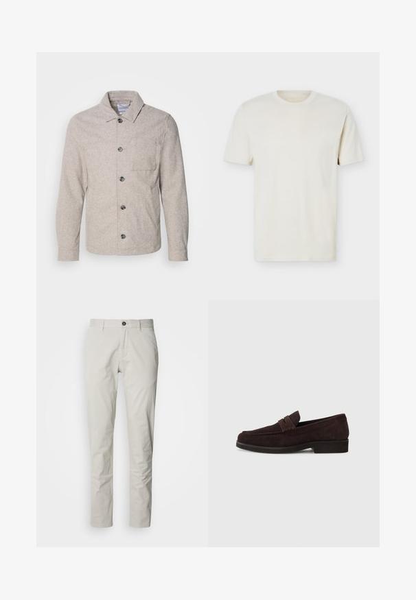 Lindbergh Veste légère - dark sand melange; T-shirt à manches courtes couleur blanc cassé uni avec col rond et logo discret sur le côté gauche de la poitrine, présenté sur un fond blanc uni.; Chinos beige clair avec une coupe droite, dotés d'une fermeture à boutons, d'un pli unique et d'une texture en coton lisse.; Mocassins en daim marron avec une silhouette basse et un embout arrondi. Présentent une sangle décorative sur le dessus, une semelle en caoutchouc plate et sans couture visible.