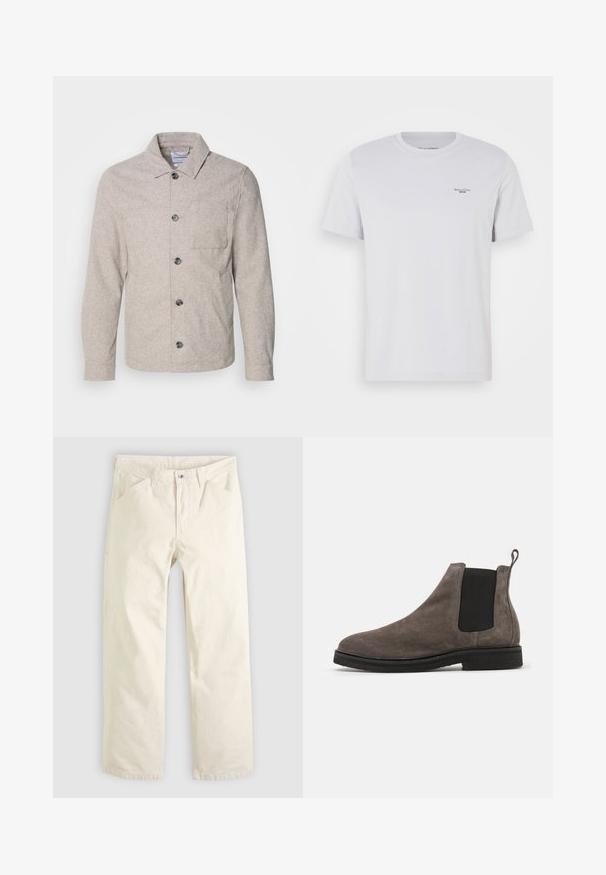 Lindbergh Chaqueta fina - dark sand melange; Camiseta de algodón blanca con cuello redondo, mangas cortas y un pequeño logo negro en el lado izquierdo del pecho. Textura suave y ajuste estándar.; Pantalones de algodón color beige claro con un corte relajado, piernas rectas y bolsillos delanteros. Presentan un cierre con botón y un diseño sencillo y limpio.; Bota Chelsea de ante gris con paneles laterales elásticos, punta redondeada y tira de agarre. Suela de goma negra plana. Diseño simple y elegante.