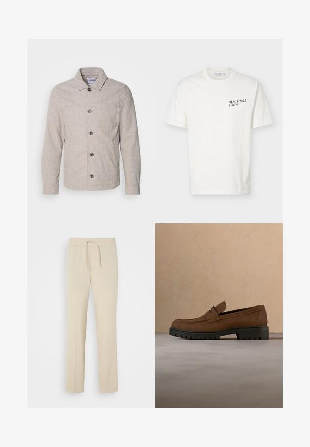 Lindbergh Leichte Jacke - dark sand melange; Weißes T-Shirt mit kurzen Ärmeln und Rundhalsausschnitt mit schwarzem "Marc O’Polo Denim"-Logo auf der linken Brust.; Beige, elastische Hosen mit einem Kordelzug. Sie haben gerade Beine und eine glatte Textur, geeignet für Freizeit oder Entspannung.; Dunkelbrauner Lederloafer mit dicker schwarzer Gummisohle, dargestellt über beigem Teppich und Sofa-Hintergrund.