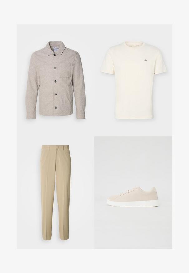 Lindbergh Chaqueta fina - dark sand melange; Camiseta lisa de manga corta de color blanco hueso con cuello redondo y pequeño logo "Scotch & Soda" en la parte superior izquierda del pecho.; Pantalones de vestir beige con diseño de pierna recta, hechos de una tela suave, con frente plano y sin bolsillos visibles ni adornos.; Zapatillas de ante beige con suelas de goma blanca, puntera redondeada y seis ojales para los cordones. Textura suave con un diseño minimalista.