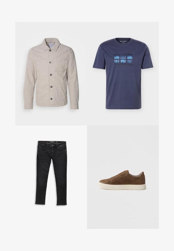 Lindbergh Let jakke / Sommerjakker - dark sand melange; Mørkeblå T-shirt med korte ærmer, rund hals og abstrakt blåt og sort rektangulært motiv på brystet.; Sorte denim jeans med regulær pasform, med lynlåsgylp, knaplukning og fem lommer. Glat tekstur og klassisk design.; Brun ruskinds-sneaker med slip-on, rundet tå, hvid gummisål og glatte detaljer langs siderne.