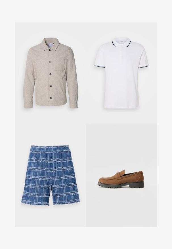 Lindbergh Let jakke / Sommerjakker - dark sand melange; Hvid polo shirt lavet af bomuld med krave, tre-knaps lukning og marineblå og hvide striber på ærmerne.; Denim shorts med en flosset kant, der har et blåt ternet mønster. Elastisk talje, lige skæring og blød tekstur.; Brune Suede loafers med en rund tå og en lav sort gummisål, der har et dekorativt bånd og syninger på overdelen.
