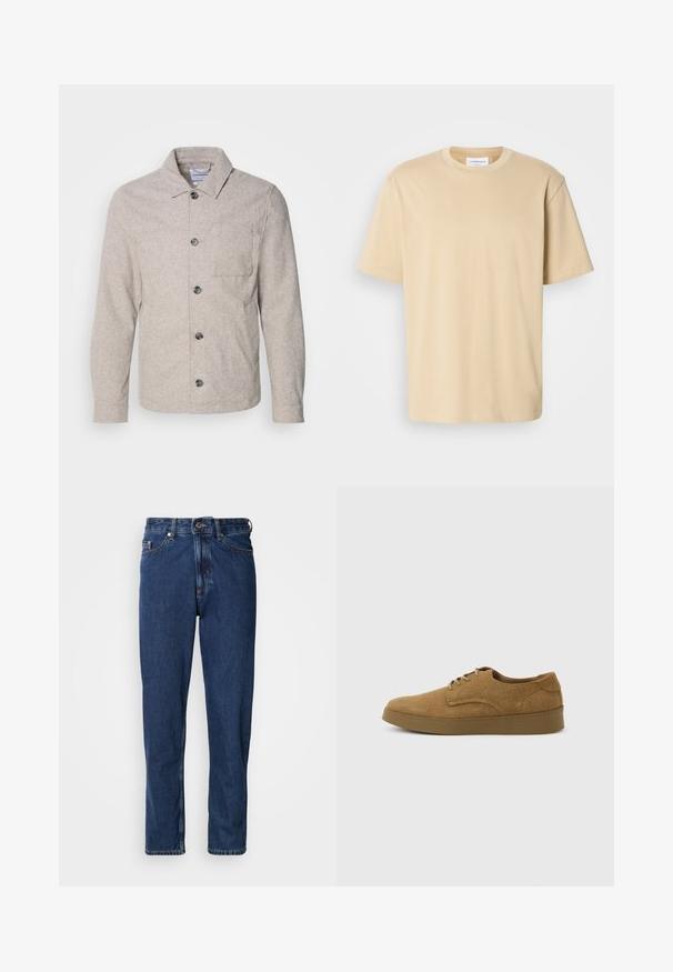 Lindbergh Leichte Jacke - dark sand melange; Beige Kurzarm-T-Shirt aus weichem Stoff. Es hat einen runden Halsausschnitt und eine legere Passform ohne sichtbare Muster oder Akzente.; Dunkelblaue Jeans aus Denim mit geradem Bein, Fünf-Taschen-Stil und sichtbaren Nähten entlang der Nähte.; Brauner Wildleder-Schnürschuh für den Alltag mit flacher Gummisohle, von der Seite auf hellem, einfachem Hintergrund gesehen.