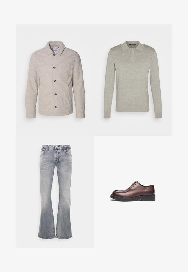 Lindbergh Suvejakk - dark sand melange; Pikkade varrukatega heledashall polo särk, mis on valmistatud pehmest kangast. Särgil on kolm nuppu, ribiga mansetid ja klassikaline kraedesign.; Heledad hallhallikud teksad, mis on valmistatud denimist, heleda pesu, klassikalise viie tasku disaini ja nööbiga sulgemisega vöökohta.; Pruun nahkne kleitking, millel on ümmargune nina, nähtav õmblus ja madal must kummitald; lipsu disain. Ühtlane tekstuur kogu ulatuses.