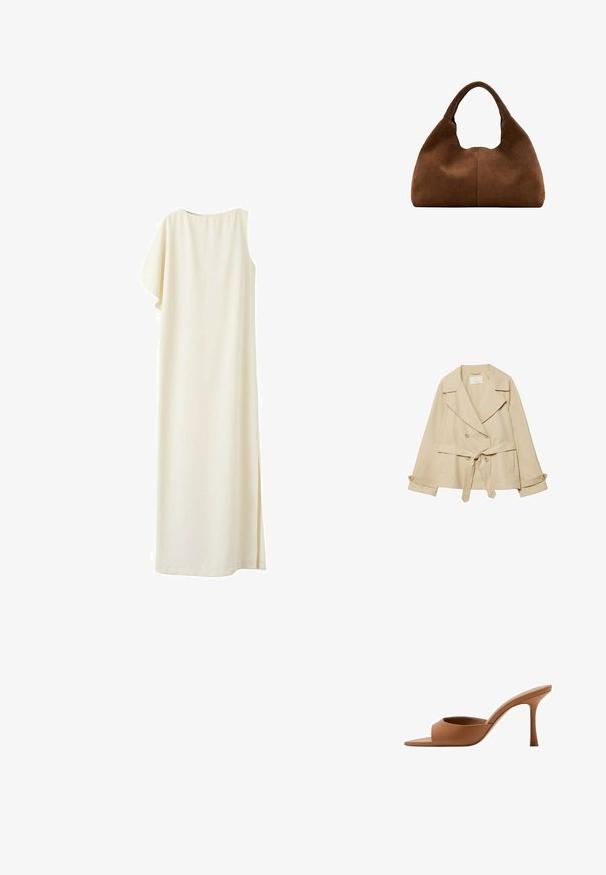Manteau trench beige avec un design enveloppant, des boutons double boutonnage, des larges revers, une ceinture à la taille et des manches retroussables avec des accents de boutons.; Robe longue crème sans manches avec une épaule drapée asymétrique et une fente latérale, présentée sur un fond blanc.; Mule ouverte en cuir marron avec un talon haut fin et une large bride à l'avant, vue de profil sur fond blanc.; Sac hobo en daim marron avec une anse large et arrondie et une forme souple et décontractée sur un fond blanc.
