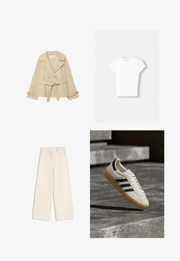 Manteau trench beige avec un design enveloppant, des boutons double boutonnage, des larges revers, une ceinture à la taille et des manches retroussables avec des accents de boutons.; T-shirt blanc à manches courtes en coton doux, avec un col rond et une coupe ajustée. Pas de motifs ni d'ornements visibles.; Pantalon large couleur écru avec poches avant, passants pour ceinture, et boutons argentés sur la ceinture et les bords des poches.; Baskets Adidas Spezial blanches avec des rayures noires et une semelle en gomme flottant au-dessus de marches en pierre grises à l'extérieur.