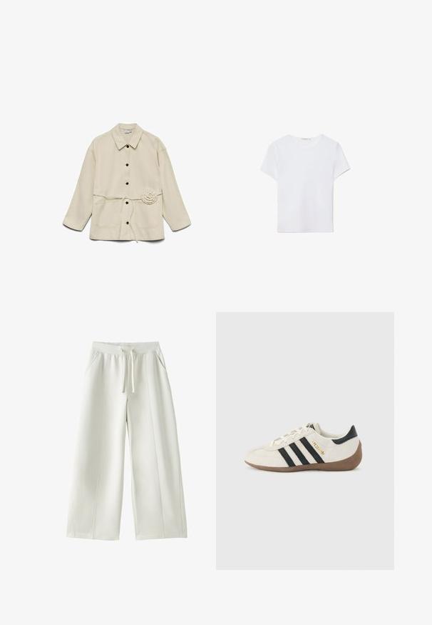 Veste beige à boutons avec col, deux poches avant, une ceinture à la taille, et un détail de fleur en tissu sur le côté droit.; T-shirt blanc à manches courtes en tissu doux. Dispose d'un col rond et d'un design simple et épuré avec un ourlet droit.; Pantalon blanc à jambes larges avec taille élastique, cordon de serrage à l'avant, poches latérales, et détails de coutures visibles sur un fond uni.; Baskets blanches Adidas avec des rayures noires, une semelle texturée marron, et le lettrage doré "SPEZIAL" sur le côté, vues du côté extérieur.