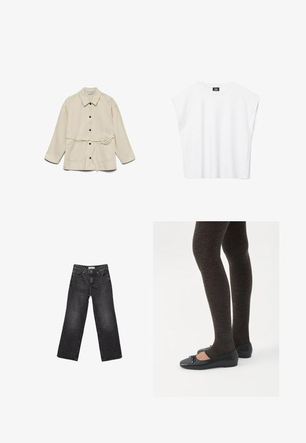 Veste beige à boutons avec col, deux poches avant, une ceinture à la taille, et un détail de fleur en tissu sur le côté droit.; Haut court blanc sans manches à encolure ronde avec épaules larges et étiquette noire "B6" à l'intérieur du col.; Jean noir à jambes larges avec poches avant et arrière, fermeture par bouton et passants de ceinture, posé à plat sur fond blanc.; Jambes portant des leggings côtelés foncés associés à des ballerines noires avec de petits détails en nœud sur fond blanc.