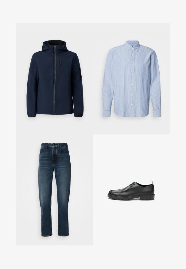 Chaqueta softshell azul marino con cierre frontal de cremallera, capucha ajustable, bolsillos laterales y puños elásticos. Textura suave con un diseño aerodinámico.; Camisa de botones en azul claro con rayas blancas, que presenta un cuello clásico y mangas largas. Confeccionada en tejido tejido con una textura suave.; Jeans de pierna recta azul oscuro con cierre frontal de botón y cremallera, diseño de cinco bolsillos y un ligero desgaste en los muslos y las rodillas.; Zapatos de cuero negro con un acabado suave, punta redondeada y costuras decorativas. Cuenta con una suela de goma con surcos para tracción y un diseño de cordones.