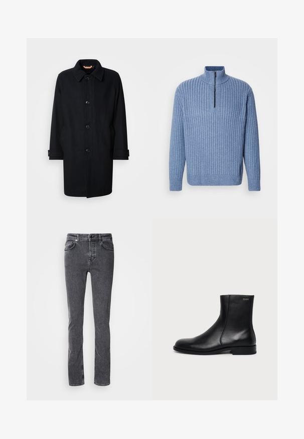 Sort uldfrakke med klassisk design, knaplukning, spidse krave og justerbare manchetter. Glat tekstur, knælang silhuet.; Lyst blå ribbestrikket sweater med opretstående krave og en delvis lynlås ved halsen; har lange ærmer og en lige kant.; Mørkegrå denimjeans, lige snit, fem lommer, kontrastsyning, lynlås og knaplukning. Ingen synlige mønstre eller pynt.; Sort læderankelstøvle med lav hæl, sidesyning og lille "HUGO" logo på den øverste manchet mod en ensfarvet baggrund.
