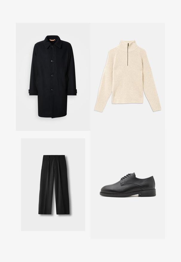 Sort uldfrakke med klassisk design, knaplukning, spidse krave og justerbare manchetter. Glat tekstur, knælang silhuet.; Creme ribbet sweater med høj krave og kvart-zip foran. Har lange ærmer og et tekstureret stof, der giver en behagelig pasform.; Sorte højtaljede bukser med vide ben, forplissering foran, sidelommer, bæltestropper og knaplukning på en lysegrå baggrund.; Sort læder oxford sko med en rund tå, der har en glat overflade, fem huller til snørebånd og en lav stablet hæl.
