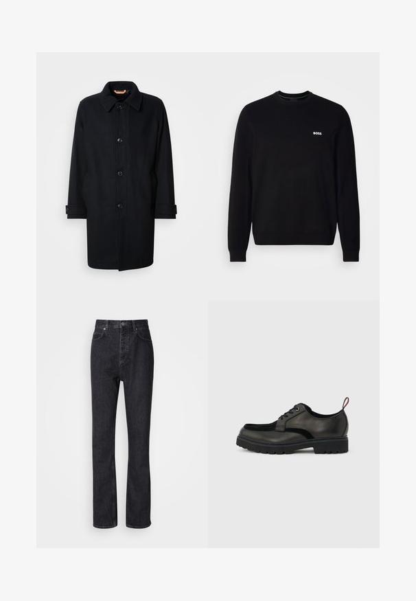 Sort uldfrakke med klassisk design, knaplukning, spidse krave og justerbare manchetter. Glat tekstur, knælang silhuet.; Sort langærmet crewneck trøje med lille hvid "BOSS" logo på venstre bryst, ribbede manchetter og bund, præsenteret mod en hvid baggrund.; Høj talje sorte denim jeans med knap- og lynlåsåbning, for- og baglommer samt lige ben.; Sort læder snøresko med tyk slidbanesål og rød hælestropp, vist i sideprofil på en lysegrå baggrund.