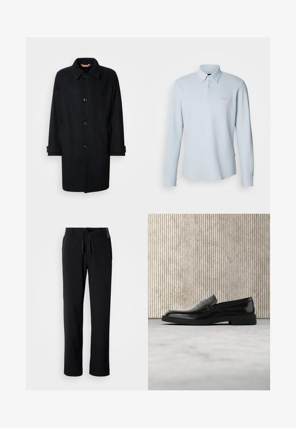 Abrigo de lana negro con un diseño clásico, cierre de botones, cuello tipo point y puños ajustables. Textura suave, silueta a la altura de la rodilla.; Camisa azul claro de manga larga con botones. Hecha de tela texturizada con un cuello clásico, presenta un logo sutil en el pecho y puños con botones.; Pantalones negros y ligeros con diseño de pierna recta. Cuentan con cintura ajustable con cordón y textura suave. Adecuados para uso casual.; Zapato loafer de cuero negro pulido flotando sobre una alfombra beige con muebles translúcidos naranjas de fondo.