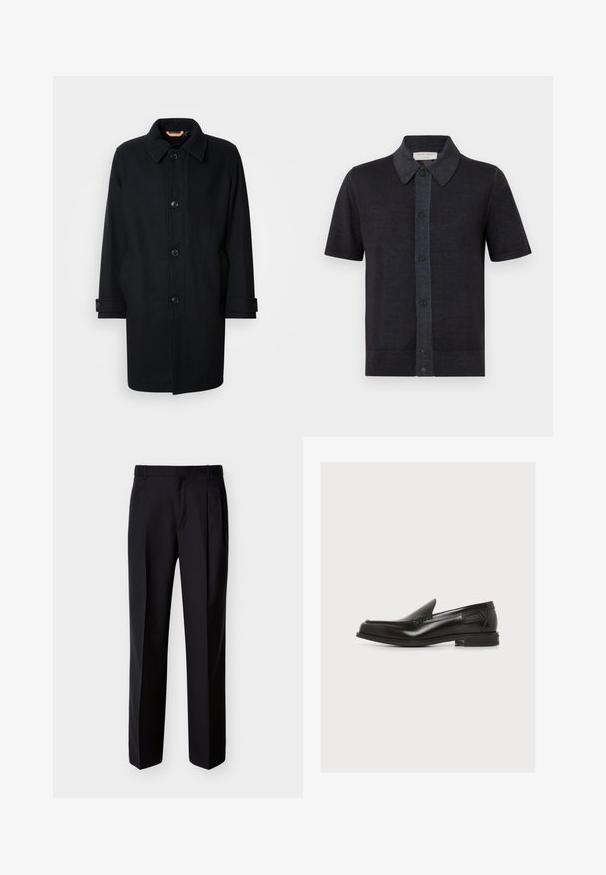 Abrigo de lana negro con un diseño clásico, cierre de botones, cuello tipo point y puños ajustables. Textura suave, silueta a la altura de la rodilla.; Polo de punto de manga corta en gris oscuro con botones delanteros y cuello, mostrado sobre un fondo claro y liso.; Pantalones negros hechos a medida con corte recto, pinzas delanteras y bolsillos laterales. Elaborados con una tela suave y ligera con un patrón sólido.; Mocasín negro de cuero sin cordones con tacón bajo y detalles cosidos, etiqueta lateral, sobre fondo blanco liso.
