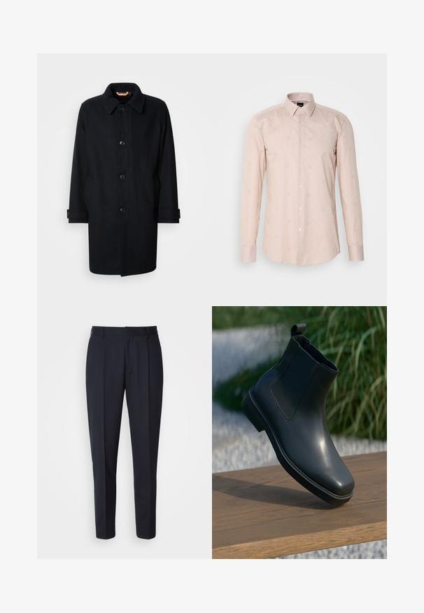 Sort uldfrakke med klassisk design, knaplukning, spidse krave og justerbare manchetter. Glat tekstur, knælang silhuet.; Lys pink langærmet skjorte med en knap-ned krave, subtil stribet mønster og broderede cirkulære motiver.; BOSS PERIN - Bukser - navy; Sort læder ankelstøvle med en glat overflade, elastiske sider og et løkkeagtigt trækstrop, der hviler på en træoverflade mod en sløret baggrund.