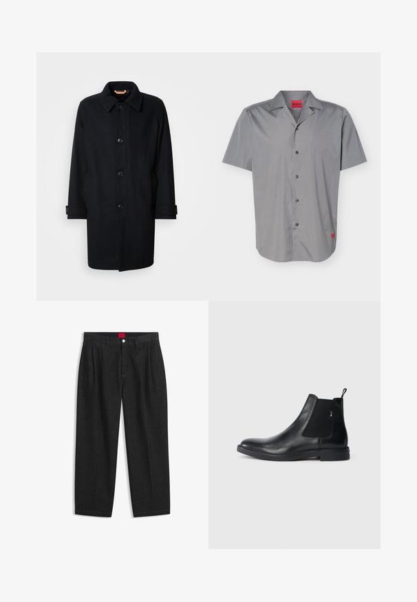Sort uldfrakke med klassisk design, knaplukning, spidse krave og justerbare manchetter. Glat tekstur, knælang silhuet.; Herre kortærmet grå skjorte med knapper og krave, fem sorte knapper og røde Hugo-mærker på kraven og underkanten.; Sorte bukser med høj talje med forreste læg, bæltestropper, knap og lynlås lukning samt en rød label indeni linningen.; Sorte læder Chelsea støvler med elastiske sidepaneler, en pull-tab og en flad gummisål. Glat tekstur med minimal detaljer.