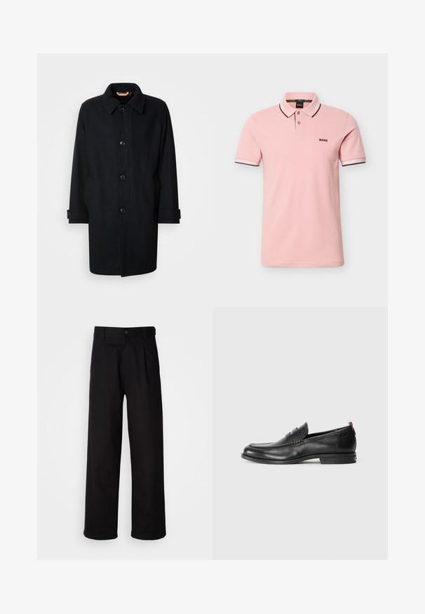 Abrigo de lana negro con un diseño clásico, cierre de botones, cuello tipo point y puños ajustables. Textura suave, silueta a la altura de la rodilla.; Polo de manga corta color rosa claro con ribete negro y blanco en el cuello y los puños, dos botones y el logo "BOSS" en el pecho.; Pantalones negros hechos de una tela suave, con un diseño de pierna recta, pliegues frontales y un cierre de botón en la cintura.; Mocasines de cuero negro con punta redondeada, detalles de costura y un pequeño acento rojo en el talón. Suela de goma de perfil bajo.
