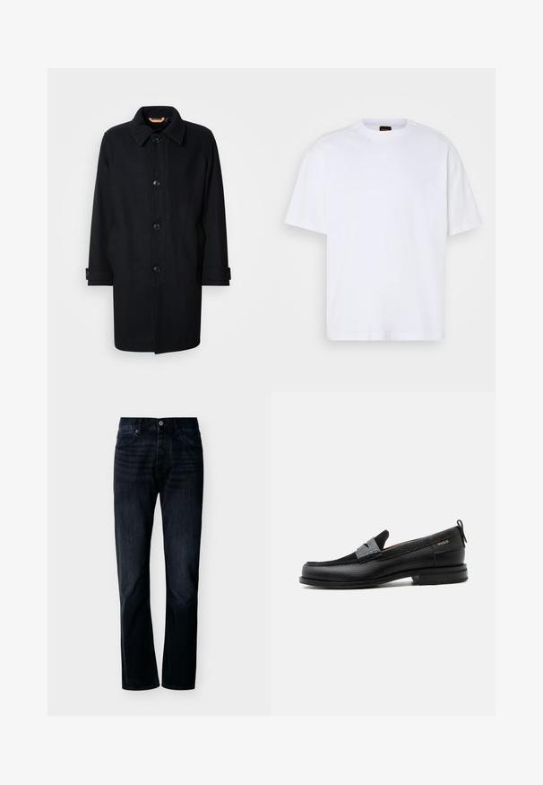 Abrigo de lana negro con un diseño clásico, cierre de botones, cuello tipo point y puños ajustables. Textura suave, silueta a la altura de la rodilla.; Camiseta de algodón blanca con cuello redondo, mangas cortas y un corte relajado. Presenta costuras de hombro texturizadas para un detalle adicional.; Vaqueros de pierna recta en índigo oscuro con cierre frontal de botón y cremallera, trabillas para cinturón y diseño de cinco bolsillos, mostrados sobre un fondo claro y liso.; Mocasín de cuero negro con detalle de tira gris, tacón bajo y suela texturizada, con la marca "HUGO" en oro en el lateral.