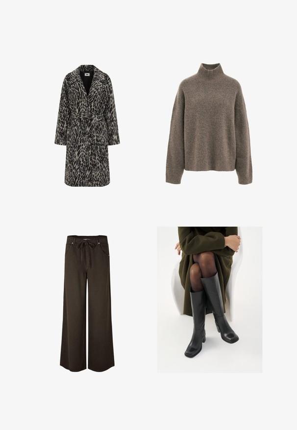 Abrigo de estampado de leopardo en un beige suave y negro. Presenta un cuello de muesca, mangas largas, cinturón en la cintura y cierre frontal de botones.; Suéter de punto marrón y peludo con cuello alto acanalado y mangas largas sobre un fondo blanco.; Pantalones de pierna ancha en tejido marrón oscuro, con cintura ajustable mediante cordón, bolsillos laterales y detalles de costura sutil.; Botas de cuero negro hasta la rodilla con puntera cuadrada y tacón de bloque, presentadas con un modelo sentado en un abrigo verde oliva. Textura suave, mínimo detalle.