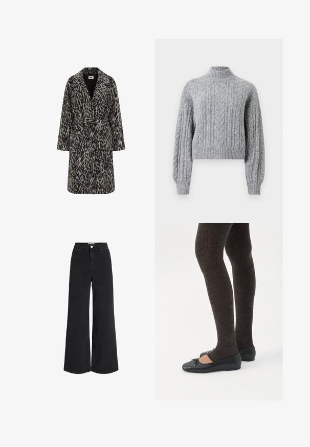 Luipaardprintjas in gedempt beige en zwart. Kenmerkt zich door een ingezette kraag, lange mouwen, een riem op de taille en een knopenfrontsluiting.; Lichtgrijze kabelgebreide wollen trui met hoge hals, lange opgestoken mouwen en geribde manchetten en zoom.; Brede zwarte denim jeans met vijf pocketdesign, hoge taille en knoopsluiting. Heeft subtiele stiksels en een nette afwerking.; Benen met donkere geribbelde leggings gecombineerd met zwarte ballerina's met kleine strikdetails op een witte achtergrond.