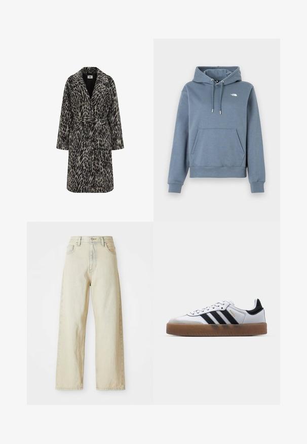 Leopardenmuster-Mantel in muted Beige und Schwarz. Mit einem eingekerbten Kragen, langen Ärmeln, einem Gürtel in der Taille und einer knopfartigen Vorderseite.; Kapuzensweatshirt in hellblau, aus Baumwollmischung. Verfügt über eine frontale Kängurutasche, eine Zugkordelkapuze und ein kleines Logo auf der Brust.; Weite Jeans aus Denim in einem hellbeigen Farbton, mit vorderen Taschen, hoher Taille und dezenten Nähdetails. Hergestellt aus strukturiertem Denim-Stoff.; Weiße Leder Sneakers mit schwarzen Streifen, Gummigummi-Außensohle, runder Zehenform, Schnürverschluss und weichem grauem Wildleder-Zehenkappe.