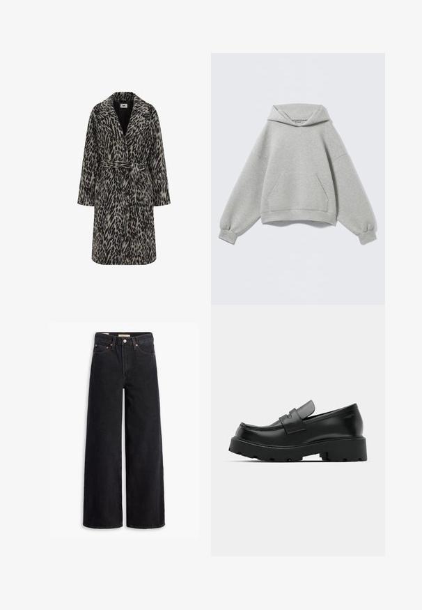 Leopardenmuster-Mantel in muted Beige und Schwarz. Mit einem eingekerbten Kragen, langen Ärmeln, einem Gürtel in der Taille und einer knopfartigen Vorderseite.; Hellgrauer Oversize-Hoodie mit vorderer Kängurutasche, gerippten Bündchen und gefalteter Kapuze, vor einfachem Hintergrund abgebildet.; Schwarze weite Jeans aus Denim mit fünf Taschen, Kupferrivets und einem klassischen Knopfverschluss. Glatte Textur mit einem klaren Design.; Schwarze Leder-Loafers mit einer chunky strukturierten Sohle, ausgestattet mit einem Riemen über dem Spann und einer glatten, polierten Oberfläche.