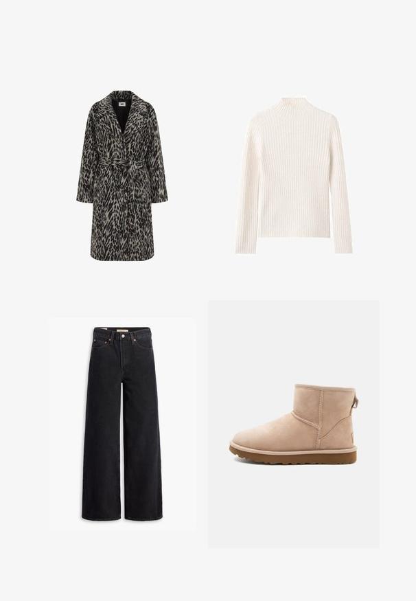 Leopardprint frakke i dæmpet beige og sort. Har et notch-krave, lange ærmer, bælte i taljen og knaplukning foran.; Ribstrikket rullekravesweater i off-white, lavet af blødt strikstof. Har lange ærmer og en tætsiddende silhuet.; Sorte brede benjeans lavet af denim, med fem lommer, kobbernitter og en klassisk knaplukning. Glat tekstur med et rent design.; Beige ruskindsankelstøvle med rund tå, synlige sting og en tekstureret brun gummisål. Har en træksløjfe på bagsiden.