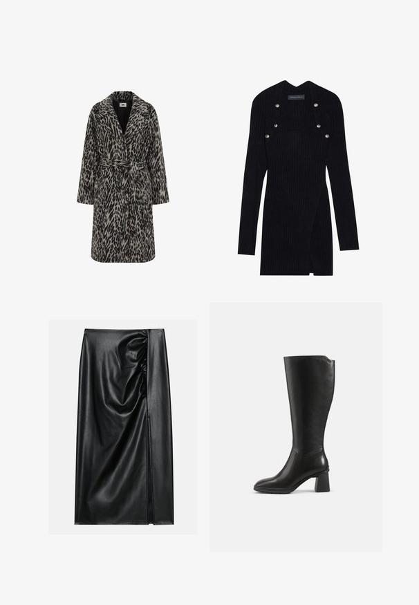 Leopardprint frakke i dæmpet beige og sort. Har et notch-krave, lange ærmer, bælte i taljen og knaplukning foran.; Sort ribbet langærmet kjole med en tætsiddende silhuet. Har en firkantet halsudskæring og sølvfarvede trykknapdetaljer på skulderen.; Sort læderskirt med en glat overflade, der har en indsamlet sektion på den ene side og en skråning på siden for ekstra detaljer.; Sort knæhøj læderstøvle med blokhæl og rundet tå, vist fra siden på en ensfarvet baggrund.