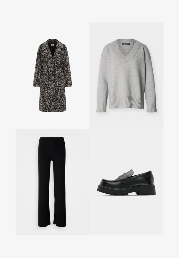 Leopardenmuster-Mantel in muted Beige und Schwarz. Mit einem eingekerbten Kragen, langen Ärmeln, einem Gürtel in der Taille und einer knopfartigen Vorderseite.; Hellgrauer Strickpullover mit V-Ausschnitt, gerippten Bündchen und Saum, vor einfachem weißem Hintergrund angezeigt.; Schwarze, weit geschnittene Hosen aus weichem Stoff, mit einer Knopfverschluss-Vornseite und einem glatten, unauffälligen Design.; Schwarze Leder-Loafers mit einer chunky strukturierten Sohle, ausgestattet mit einem Riemen über dem Spann und einer glatten, polierten Oberfläche.