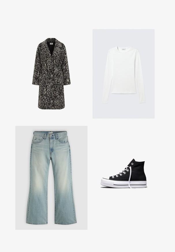 Leopardprint frakke i dæmpet beige og sort. Har et notch-krave, lange ærmer, bælte i taljen og knaplukning foran.; Langærmet, enkel hvid T-shirt med rund halsudskæring og tætsiddende pasform, vist mod en lysegrå baggrund.; Lyseblå cowboybukser med høj talje, forreste knap og lynlås, fem lommer og let udvidede ben.; Sort high-top canvas sneaker med hvid gummisål og hvide snørebånd, vist fra siden mod en hvid baggrund.