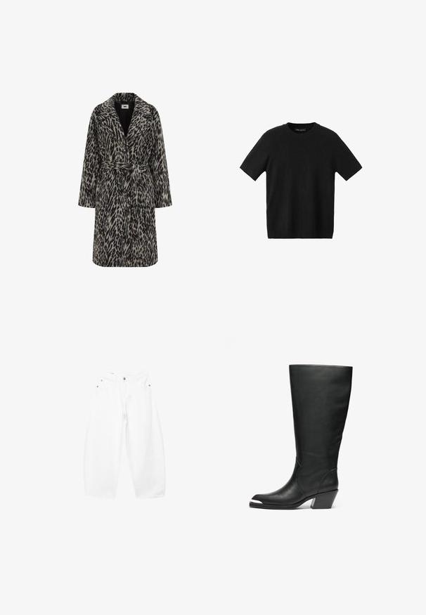 Leopardenmuster-Mantel in muted Beige und Schwarz. Mit einem eingekerbten Kragen, langen Ärmeln, einem Gürtel in der Taille und einer knopfartigen Vorderseite.; Schwarzes kurzärmliges Strick-T-Shirt mit Rundhalsausschnitt, mit tailliertem Schnitt und glatter Textur, geeignet für den Freizeitstil.; Locker sitzende weiße Denim-Jeans mit Knopf- und Reißverschluss, Gürtelschlaufen und Fronttaschen, auf einfachem Hintergrund dargestellt.; Hohe schwarze Lederstiefel mit geschlossener Zehe und Ausschnittdesign. Sie haben einen klobigen Absatz und eine glatte Textur. Auffällige seitliche Paneeldetails.