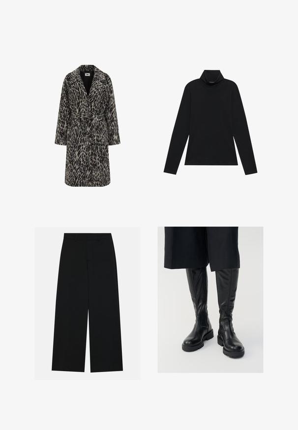 Manteau en imprimé léopard dans des tons de beige et noir doux. Doté d'un col en V, de manches longues, d'une ceinture à la taille et d'une fermeture à boutons sur le devant.; Turtleneck à manches longues noir. Tissu doux, design près du corps, col montant et coutures latérales. Style simple et polyvalent, idéal pour le superposition.; Pantalons noirs à jambe large en tissu lisse. Dotés d'une taille plate avec passants de ceinture et sans poches visibles. Design simple.; Bottes noires en cuir montant jusqu'au genou, avec une texture lisse, des semelles épaisses et des zippers sur le côté. Le design présente des détails de coutures subtils.
