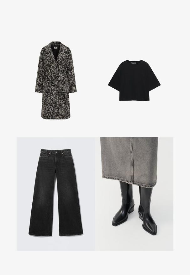 Leopardprint frakke i dæmpet beige og sort. Har et notch-krave, lange ærmer, bælte i taljen og knaplukning foran.; Sort kortærmet top i bomuldsblanding. Boxy pasform med vide ærmer og rund halsudskæring. Ensfarvet, uden synlige mønstre eller detaljer.; Sorte jeans med vide ben, fem lommer og knappelukning, vist fladt på en lys baggrund.; Sorte læder cowboy støvler med spids tå og kraftig hæl, der har en glat finish og slankt design, parret med en grå nederdel.