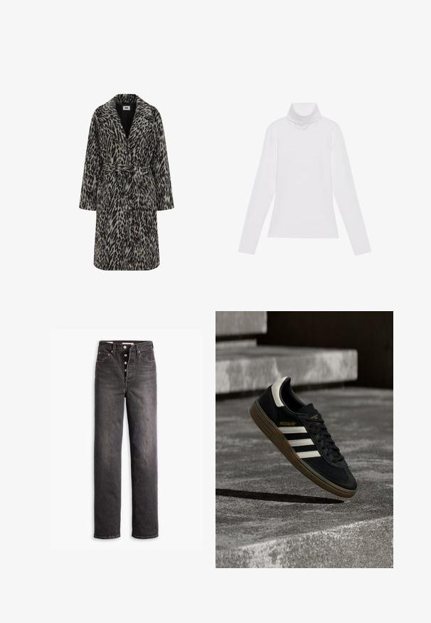 Leopardprint frakke i dæmpet beige og sort. Har et notch-krave, lange ærmer, bælte i taljen og knaplukning foran.; Hvid langærmet turtle-neck top lavet af glat, strækbart stof. Har en høj krave og tætsiddende design, uden synlige mønstre eller udsmykninger.; Sorte højtaljede jeans med lige ben-design, lavet af denim. Features en knaplukning, kobberdetaljer og kontrastsyninger.; Sort Adidas-sneaker med hvide striber og gummisåler, svævende over grå betontrapper i naturligt lys.