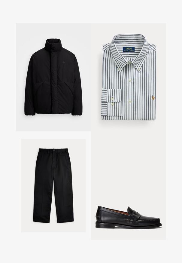 Chaqueta acolchada negra con un cuello alto, de diseño minimalista, dos bolsillos frontales y un pequeño logo en el pecho. Textura suave.; Camisa blanca de vestir doblada con rayas verticales azul marino, cuello abotonado y logo de Polo Ralph Lauren bordado en el pecho.; Pantalones chinos negros con un diseño de pierna recta, que cuentan con cierre de botón, presillas para cinturón y textura de tela suave. Sin patrones o detalles visibles.; Mocasín negro de cuero con tacón bajo y detalle de correa para moneda, mostrado de lado sobre un fondo gris claro.