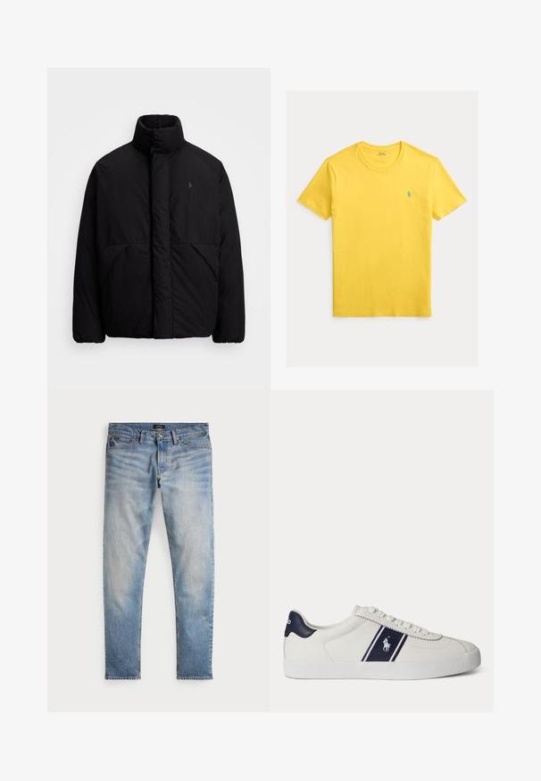 Schwarze Pufferjacke mit hohem Kragen, minimalistisches Design, zwei Fronttaschen und ein kleines Logo auf der Brust. Glatte Textur.; Gelbes Baumwoll-T-Shirt mit rundem Ausschnitt und kurzen Ärmeln. Mit kleinem blauem Logo auf der linken Brust. Glatte Textur.; Helle blaue Denim-Jeans mit einem ausgewaschenen Finish, Fünf-Taschen-Design und kontrastierenden Nähten. Mit Reißverschluss und Gürtelschlaufen. Gerade geschnitten.; Weißer niedriger Sneaker mit dunkelblauem Streifen und Logo an der Seite sowie dunkelblauer Fersenschlaufe, flacher weißer Sohle und weißen Schnürsenkeln.