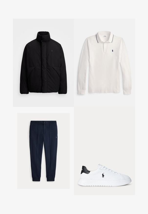 Schwarze Pufferjacke mit hohem Kragen, minimalistisches Design, zwei Fronttaschen und ein kleines Logo auf der Brust. Glatte Textur.; Weißes Langarm-Poloshirt mit schwarzem Besatz am Kragen und kleinem schwarzem, gesticktem Logo auf der linken Brust.; Marineblaue Jogginghosen aus weichem Stoff mit Knopfverschluss, zwei vorderen Falten und gerippten Bündchen. Aufgesticktes Logo am Bein.; Weißer Sneaker mit niedrigem Schaft, schwarzer Fersenlasche und schwarzem Polo Ralph Lauren-Logo an der Seite, mit weißen Schnürsenkeln und dicker weißer Sohle.