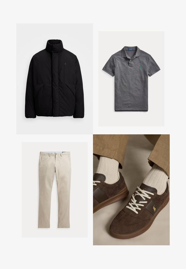 Schwarze Pufferjacke mit hohem Kragen, minimalistisches Design, zwei Fronttaschen und ein kleines Logo auf der Brust. Glatte Textur.; Dunkelgraues Polo Ralph Lauren Poloshirt aus Baumwolle mit kurzen Ärmeln, grün besticktem Logo und Zwei-Knopf-Leiste auf weißem flachem Hintergrund.; Beige Baumwollhose mit geradem Bein, Fronttaschen, Gürtelschlaufen, Knopfverschluss und Reißverschluss, flach auf weißem Hintergrund dargestellt.; Braune Veloursleder-Sneaker mit weißen Schnürsenkeln, getragen mit beigen gerippten Socken und hellbraunen Hosen.