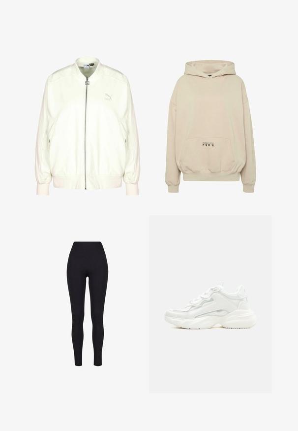 Veste bomber crème avec une fermeture éclair à l'avant, des poignets et un ourlet côtelés, et un logo discret sur la poitrine. Texture douce et coupe décontractée.; Sweat à capuche beige avec une poche avant, des poignets côtelés et une capuche à cordon. Texte "PECADOR PGDR" imprimé sur la zone de la poche.; Leggings noirs taille haute, fabriqués à partir d'un tissu extensible, présentant une texture lisse et un design ajusté sans coutures ni motifs visibles.; Baskets blanches épaisses avec semelle épaisse, fermeture à lacets sur le devant et cuir synthétique lisse avec des détails subtils de couture.
