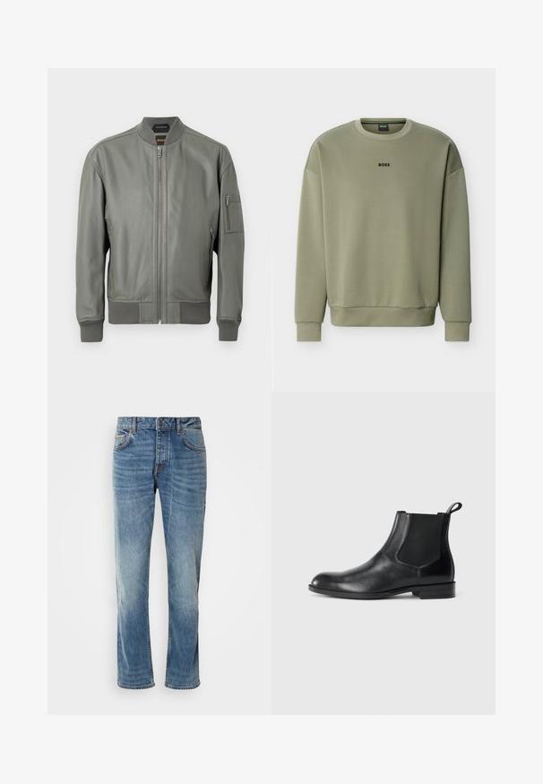 Blouson aviateur en cuir vert foncé avec fermeture éclair à l'avant, poignets et col côtelés. Comprend des poches latérales et une poche sur le bras avec fermeture éclair.; Sweat-shirt à col rond vert olive avec manches longues et logo "BOSS" centré sur la poitrine.; Jean en denim bleu clair avec des jambes droites, cinq poches, des coutures contrastantes et une finition délavée. Dispose d'un bouton et d'un zip pour le maintien.; Bottine en cuir noir avec des panneaux latéraux élastiques, bout rond et tirette. Texture lisse, semelle plate, design minimaliste.