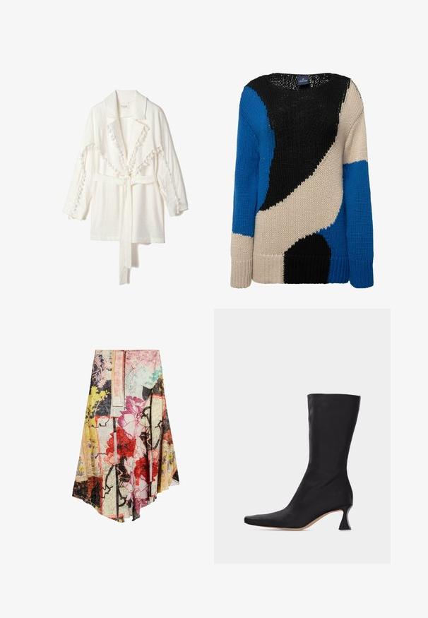 Hvid letvægtsjakke med krave, prydet med tekstureret pom-pom kant langs kanterne og et matchende bælte til lukning. Lange ærmer.; Strikket sweater med markante farvefelter i sort, blå og beige. Rund hals, lange ærmer og ribbede manchetter giver tekstur og varme.; Asymmetrisk nederdel med farverige blomster- og abstrakte mønstre i rød, pink, gul, sort og grøn på en lys baggrund.; Sort læderstøvle, der går til midt på læggen, med spids tå og buet lav hæl, mod en ensartet lys baggrund.