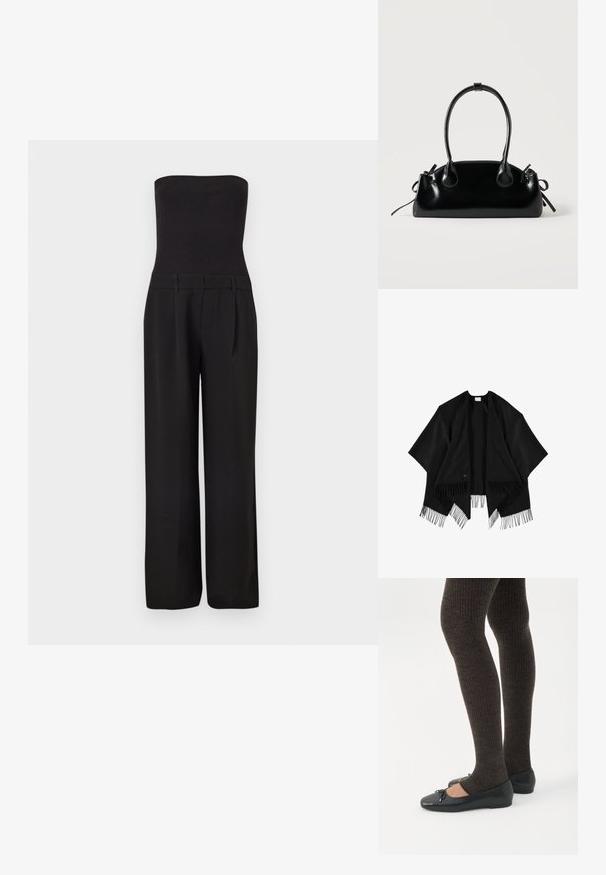 Zwarte omslag van zacht stof, met een open voorkant en franjes aan de onderkant. Het ontwerp is rechthoekig met losse, vloeiende mouwen.; Zwarte strapless jumpsuit met een aansluitend geribd lijfje en brede, op maat gemaakte broekspijpen.; Benen met donkere geribbelde leggings gecombineerd met zwarte ballerina's met kleine strikdetails op een witte achtergrond.; Kleine zwarte glanzende handtas met twee lange hengsels en zijkant trekkoord details op een effen lichte achtergrond.