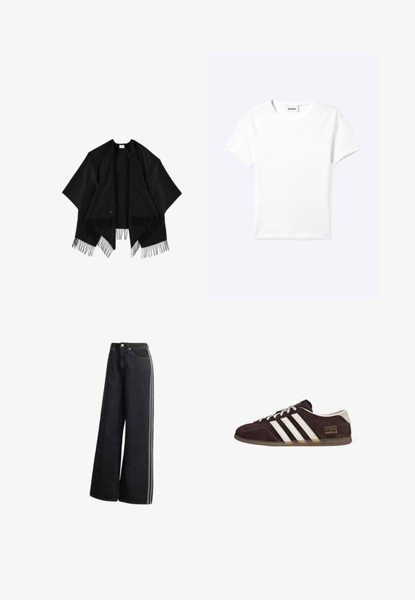 Zwarte omslag van zacht stof, met een open voorkant en franjes aan de onderkant. Het ontwerp is rechthoekig met losse, vloeiende mouwen.; Effen wit T-shirt met korte mouwen en ronde hals met een klein "WEEKDAY" label aan de binnenkant van de hals, plat neergelegd op een lichte achtergrond.; Zwarte jeans met wijde pijpen, hoge taille en twee grijze zijstrepen, voor met knoopsluiting en zakken.; Bruine suède sneakers met drie witte strepen, rubberen zool en een tekstlabel met de tekst "Gazelle" in goud. Vetersluiting met grijze veters.