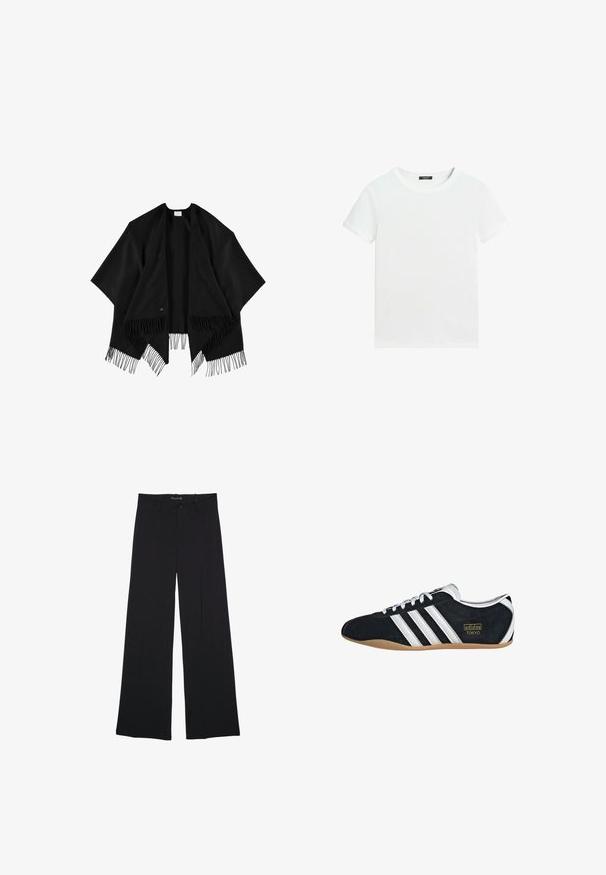 Châle noir en tissu doux, avec un avant ouvert et un ourlet frangé. Le design est rectangulaire avec des manches amples et fluides.; T-shirt blanc uni à manches courtes avec un col rond et une petite étiquette noire à l’intérieur du col.; Pantalon noir à jambes larges avec passants de ceinture, bouton frontal et fermeture éclair, étalé à plat sur un fond blanc.; Sneakers en suede noir avec trois bandes blanches, logo doré et semelle en caoutchouc marron. Présente un design à lacets à profil bas.