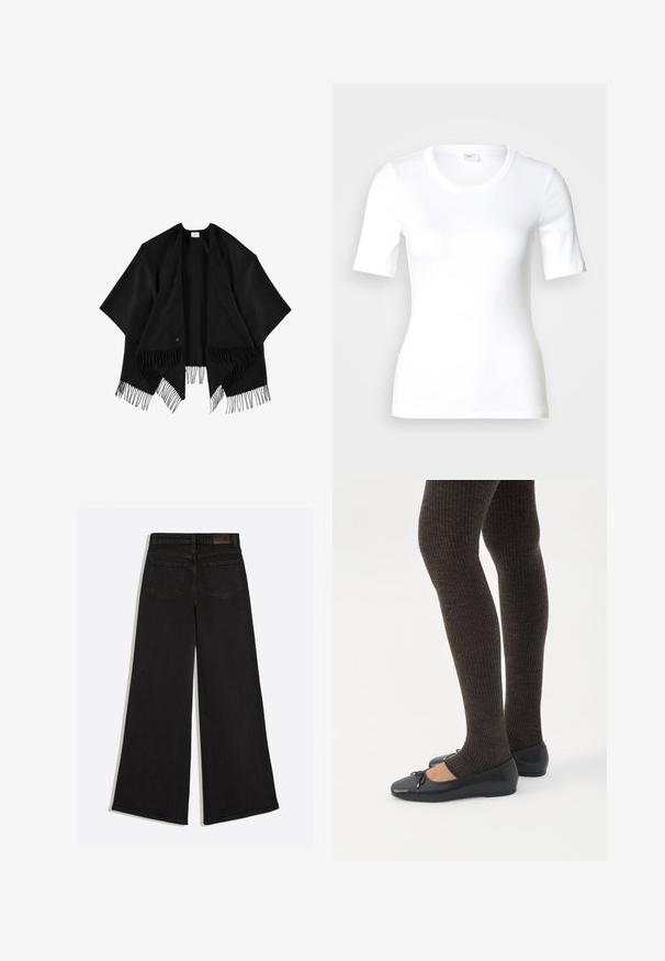 Zwarte omslag van zacht stof, met een open voorkant en franjes aan de onderkant. Het ontwerp is rechthoekig met losse, vloeiende mouwen.; Wit T-shirt met korte mouwen van glad katoen, met een ronde halslijn en een aangesloten pasvorm. Klassiek ontwerp, zonder patronen of accenten.; Zwarte denim jeans met wijde pijpen, gezien van achteren met twee achterzakken en riemlussen op de tailleband.; Benen met donkere geribbelde leggings gecombineerd met zwarte ballerina's met kleine strikdetails op een witte achtergrond.