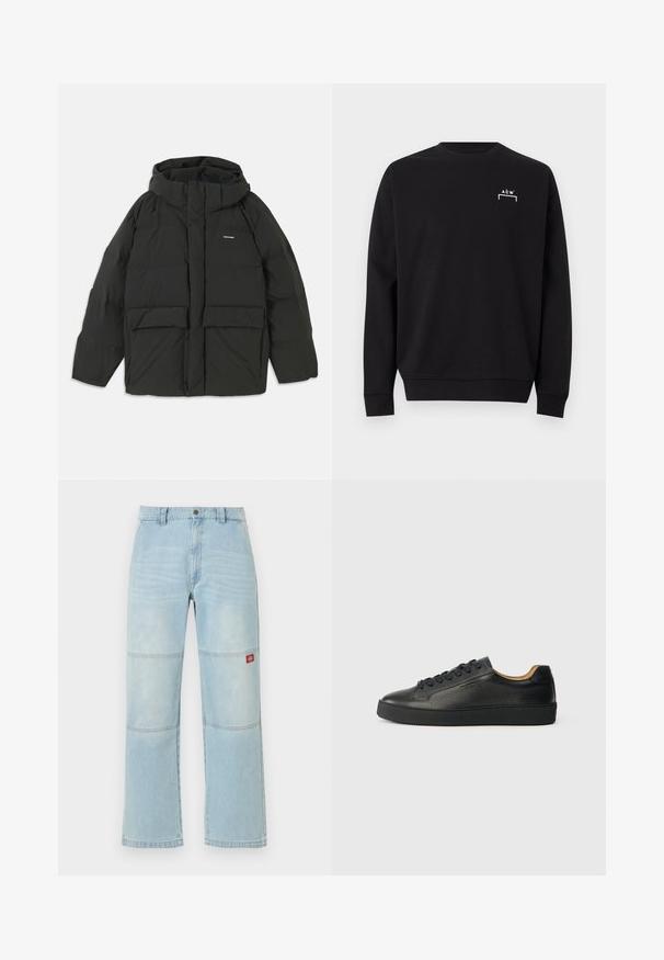 Veste matelassée noire avec capuche. Dispose d'une fermeture éclair à l'avant, de deux grandes poches avant et d'une texture lisse et matelassée. Logo sur la poitrine.; Sweat-shirt noir à manches longues col rond avec petit logo blanc "A C W" et motif de crochets sur la partie supérieure gauche de la poitrine.; Jean en denim bleu clair à jambes larges avec des détails aux panneaux des genoux et un petit patch logo rectangulaire rouge sur la cuisse droite.; Baskets basses en cuir noir avec surface texturée, lacets noirs et semelle en caoutchouc épaisse, présentées de côté sur un fond clair.