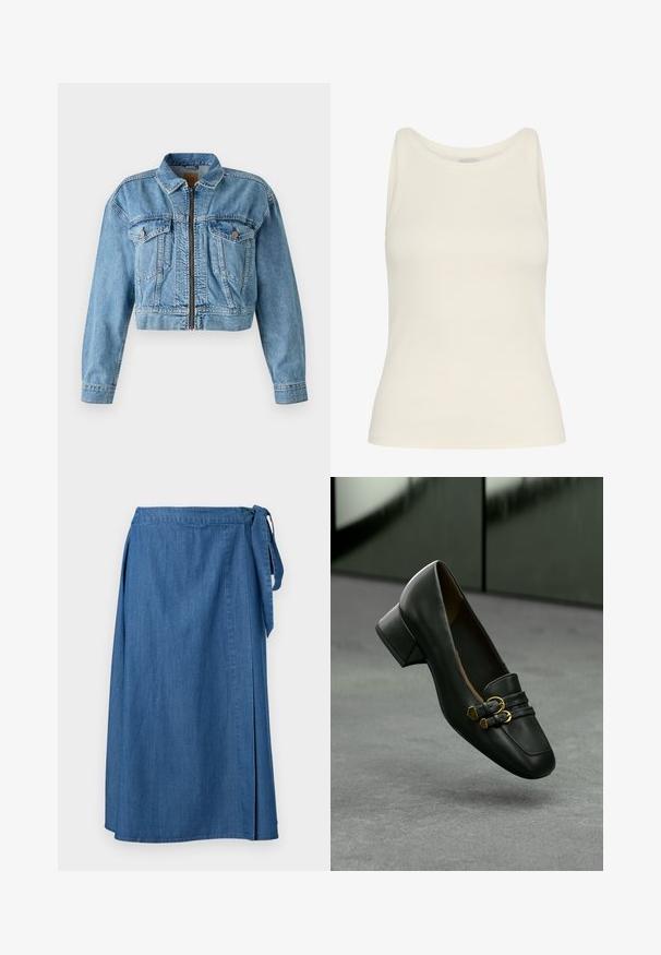 Taillierte Jeansjacke in Hellblau mit einem Frontreißverschluss, zwei Brusttaschen und langen Ärmeln. Abgenutzte Optik mit sichtbaren Nähten.; Cremfarbenes Tanktop aus geripptem Stoff, mit Rundhalsausschnitt und ärmellosem Design, mit figurbetonter Silhouette und glatter Textur.; Blauer Jeans-Wickelrock mit seitlicher Bindung, knielang bis mittellang, vor schlichtem weißem Hintergrund präsentiert.; Schwarze Lederloafer mit einem niedrigen Blockabsatz und goldfarbenen Schnallenelementen. Sie haben eine abgerundete Spitze und eine strukturierte Oberfläche.