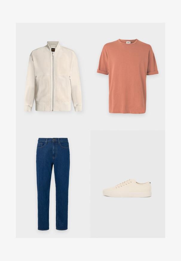 Veste bomber beige clair à fermeture éclair, avec col, poignets et ourlet côtelés, dotée de deux poches latérales zippées et d'une petite étiquette noire à l'intérieur du col.; T-shirt à manches courtes de couleur rose poussière, en tissu doux, avec un col rond et des manches retroussées, offrant une coupe décontractée.; Jean en denim bleu foncé avec une coupe droite, doté d'une braguette zippée, d'une fermeture par bouton, de cinq poches et de détails de couture contrastants.; Baskets en toile beige avec bout arrondi, semelle en caoutchouc plate et lacets à l'avant. Présente un design minimaliste et un accent noir contrastant au niveau du talon.